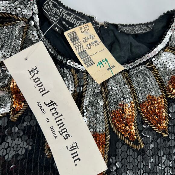 Vintage Royal Feeling Silk Sequin Evening Blouse Top NEW Small Black Silver Glam - Picture 7 of 11
